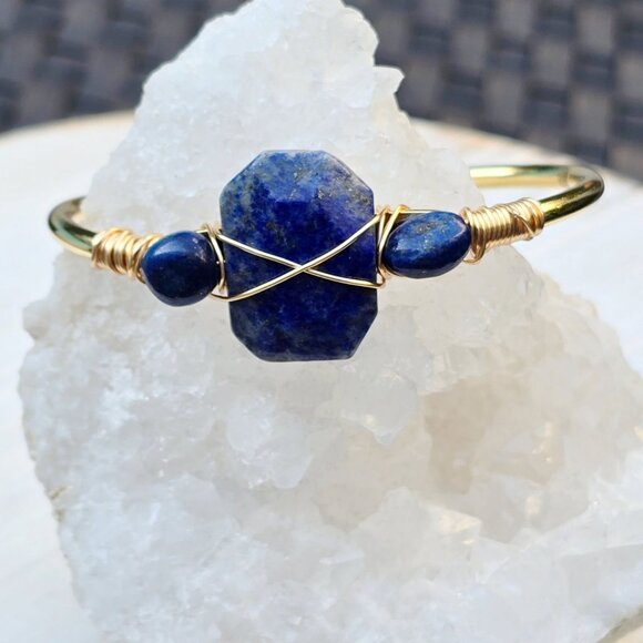 Lapis Lazuli Triple-Stone Wire Wrap Cuff – 14Kt Gold Over Copper – Handmade NWT - Picture 10 of 11